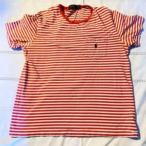 Polo Ralph Lauren Womens Orange White Striped Pocket T-Shirt Pony Logo Medium